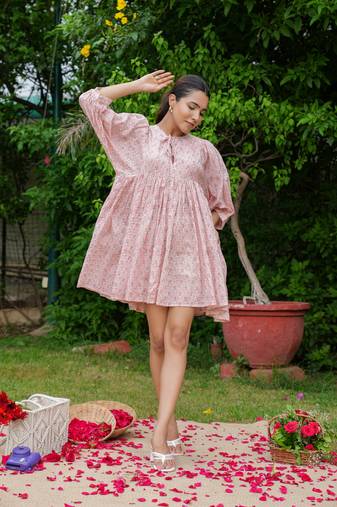 Hand block floral printed peach color cotton mini dress