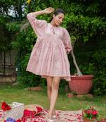 Hand block floral printed peach color cotton mini dress