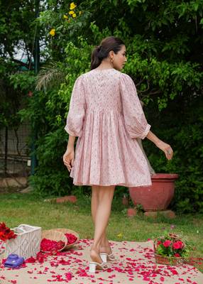 Hand block floral printed peach color cotton mini dress 2