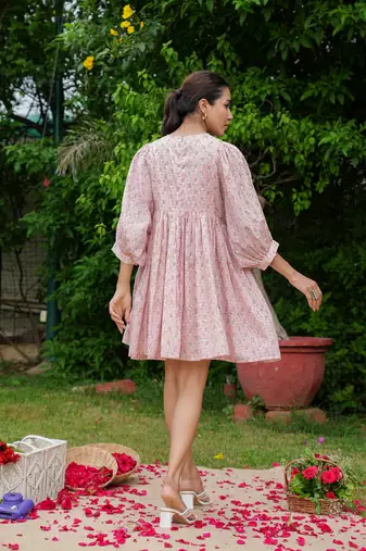Hand block floral printed peach color cotton mini dress