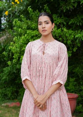 Hand block floral printed peach color cotton mini dress 3