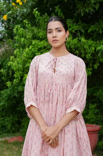 Hand block floral printed peach color cotton mini dress