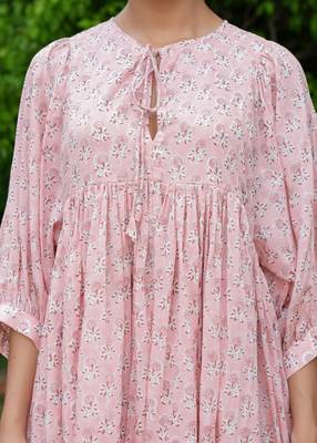 Hand block floral printed peach color cotton mini dress 4