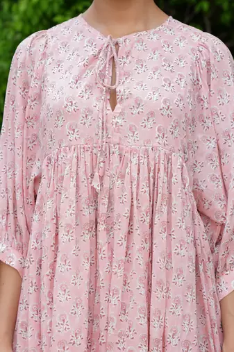 Hand block floral printed peach color cotton mini dress
