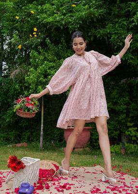 Hand block floral printed peach color cotton mini dress 5