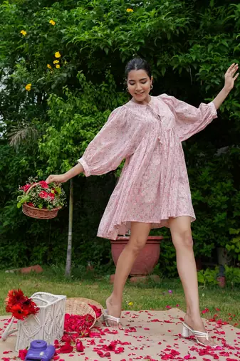 Hand block floral printed peach color cotton mini dress