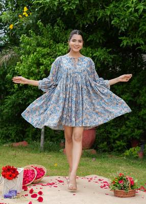 Hand block floral printed blue color cotton mini dress 1