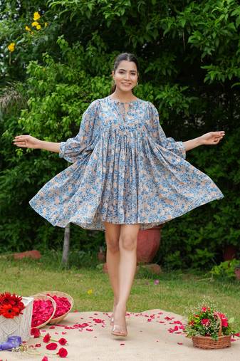Hand block floral printed blue color cotton mini dress