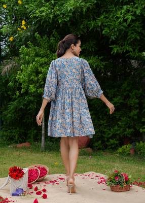 Hand block floral printed blue color cotton mini dress 2