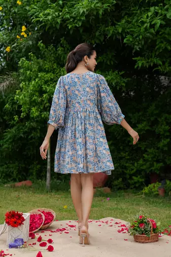 Hand block floral printed blue color cotton mini dress