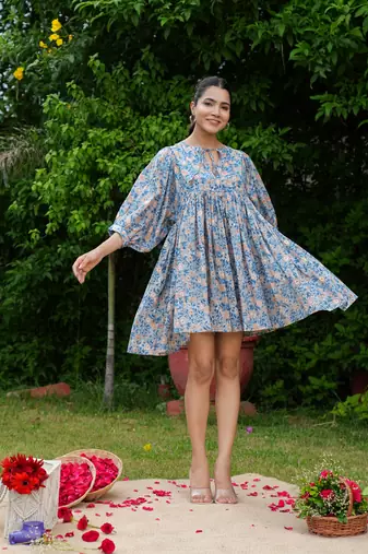 Hand block floral printed blue color cotton mini dress