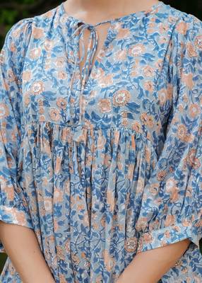 Hand block floral printed blue color cotton mini dress 4