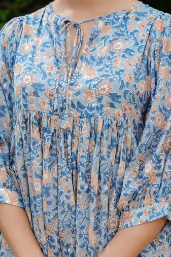 Hand block floral printed blue color cotton mini dress