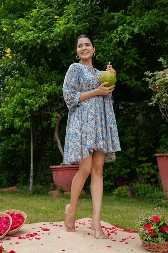 Hand block floral printed blue color cotton mini dress
