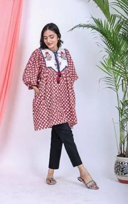 Hand block red geometric printed cotton mini dress with white yoke 1