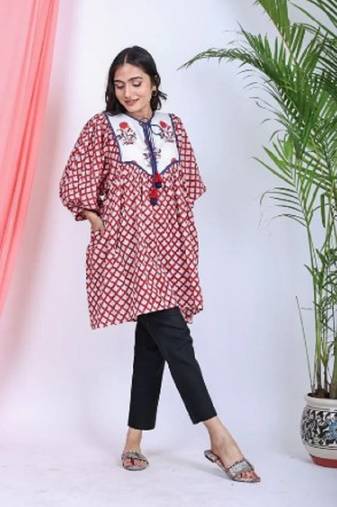 Hand block red geometric printed cotton mini dress with white yoke