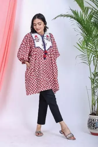 Hand block red geometric printed cotton mini dress with white yoke
