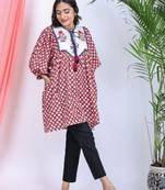 Hand block red geometric printed cotton mini dress with white yoke