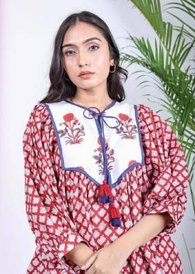 Hand block red geometric printed cotton mini dress with white yoke 3