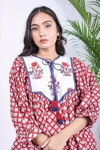 Hand block red geometric printed cotton mini dress with white yoke