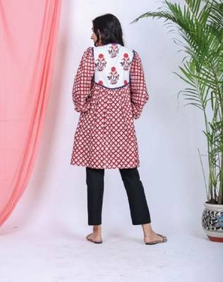 Hand block red geometric printed cotton mini dress with white yoke 4
