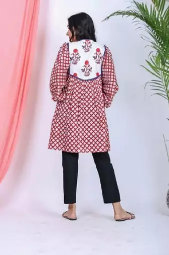 Hand block red geometric printed cotton mini dress with white yoke
