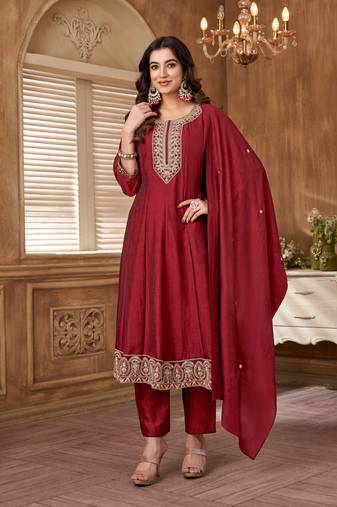 women's roman silk embroidered stitched salwar kameez dupatta set