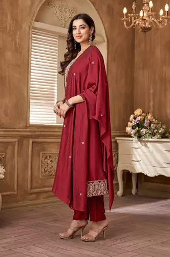 women's roman silk embroidered stitched salwar kameez dupatta set