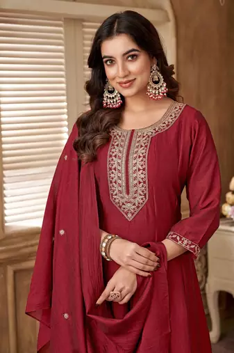 women's roman silk embroidered stitched salwar kameez dupatta set