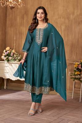 women's roman silk embroidered stitched salwar kameez dupatta set 1