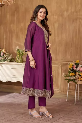 women's roman silk embroidered stitched salwar kameez dupatta set