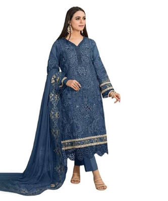 Teal blue sequins work organza salwar kameez 1