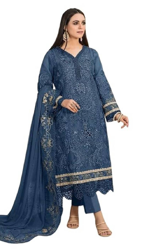 Teal blue sequins work organza salwar kameez