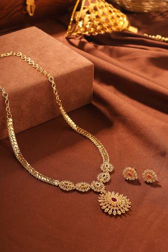 Gold Necklace with Multi-Color Stones and Center Large Pendant