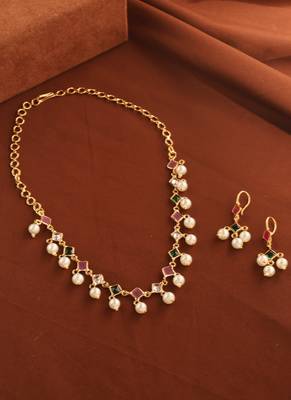 American Diamond Necklace with Pink, Green Stones & Pearls 1