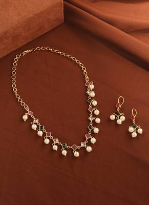 American Diamond Necklace with Pink, Green Stones & Pearls 2
