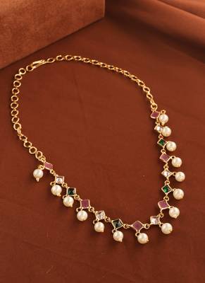American Diamond Necklace with Pink, Green Stones & Pearls 3