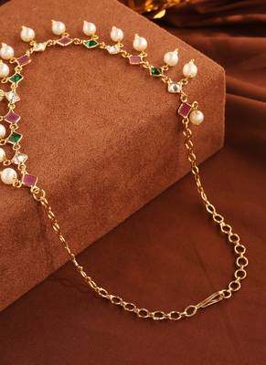 American Diamond Necklace with Pink, Green Stones & Pearls 4