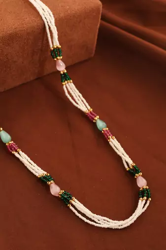 Multi-Colour Beads and Pearl Necklace with Gold Accents