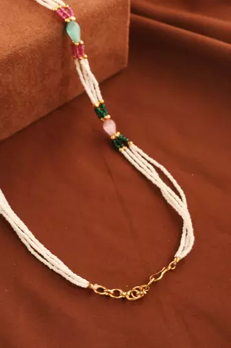 Multi-Colour Beads and Pearl Necklace with Gold Accents