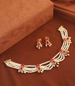 Pearl Necklace with Pink Stones and Gold Detailing