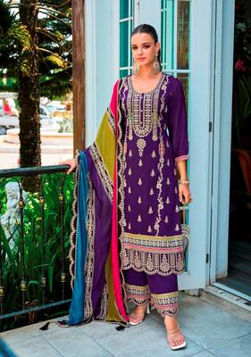 Purple Embroidered Chinon Punjabi Salwar Suit 1
