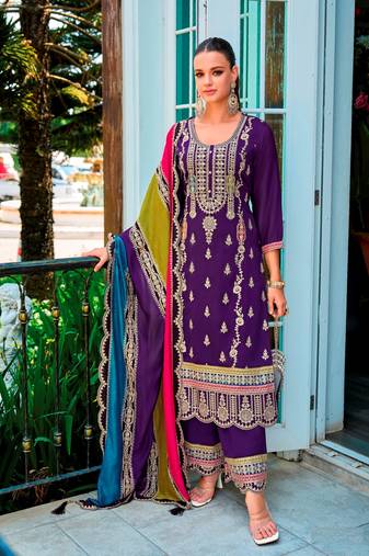 Purple Embroidered Chinon Punjabi Salwar Suit