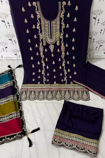 Purple Embroidered Chinon Punjabi Salwar Suit