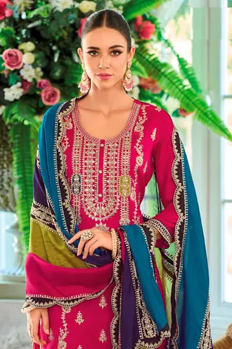 Rani pink embroidered chinon Punjabi salwar suit