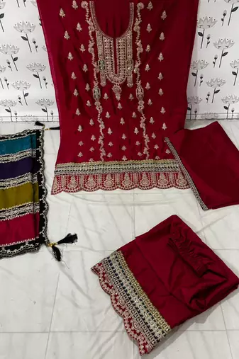 Rani pink embroidered chinon Punjabi salwar suit
