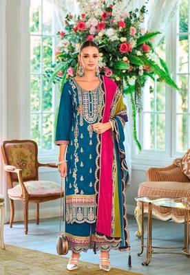 Aqua Blue Embroidered Chinon Punjabi Salwar Suit 1