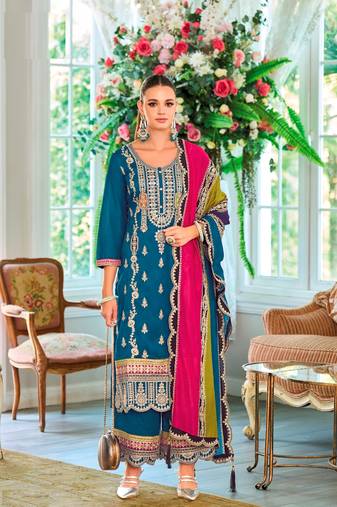 Aqua Blue Embroidered Chinon Punjabi Salwar Suit