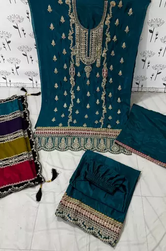 Aqua Blue Embroidered Chinon Punjabi Salwar Suit