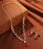 American Diamond Necklace Set with Ruby Pendant and Earrings